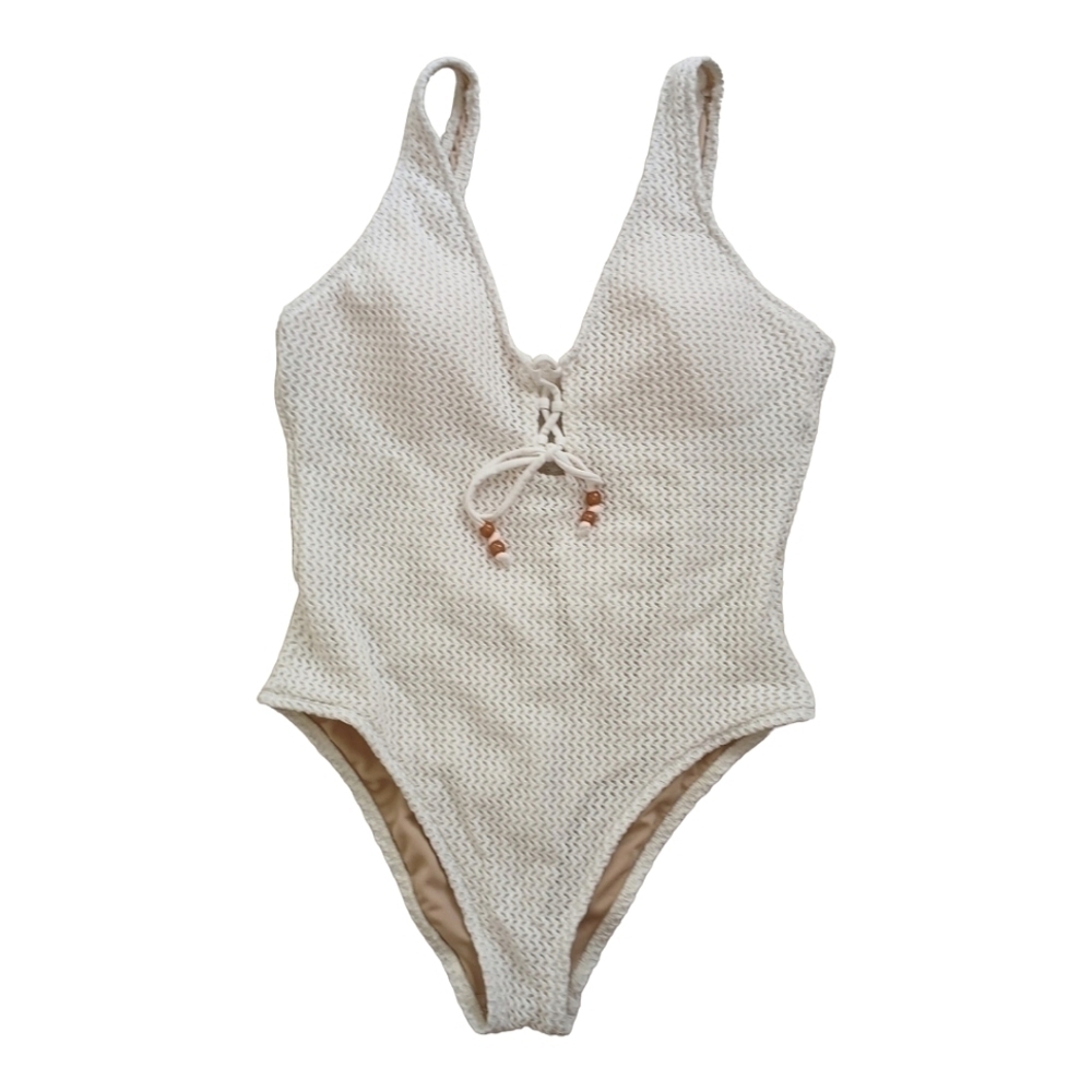 Shade & Shore Beige Crochet One Piece Swimsuit Large